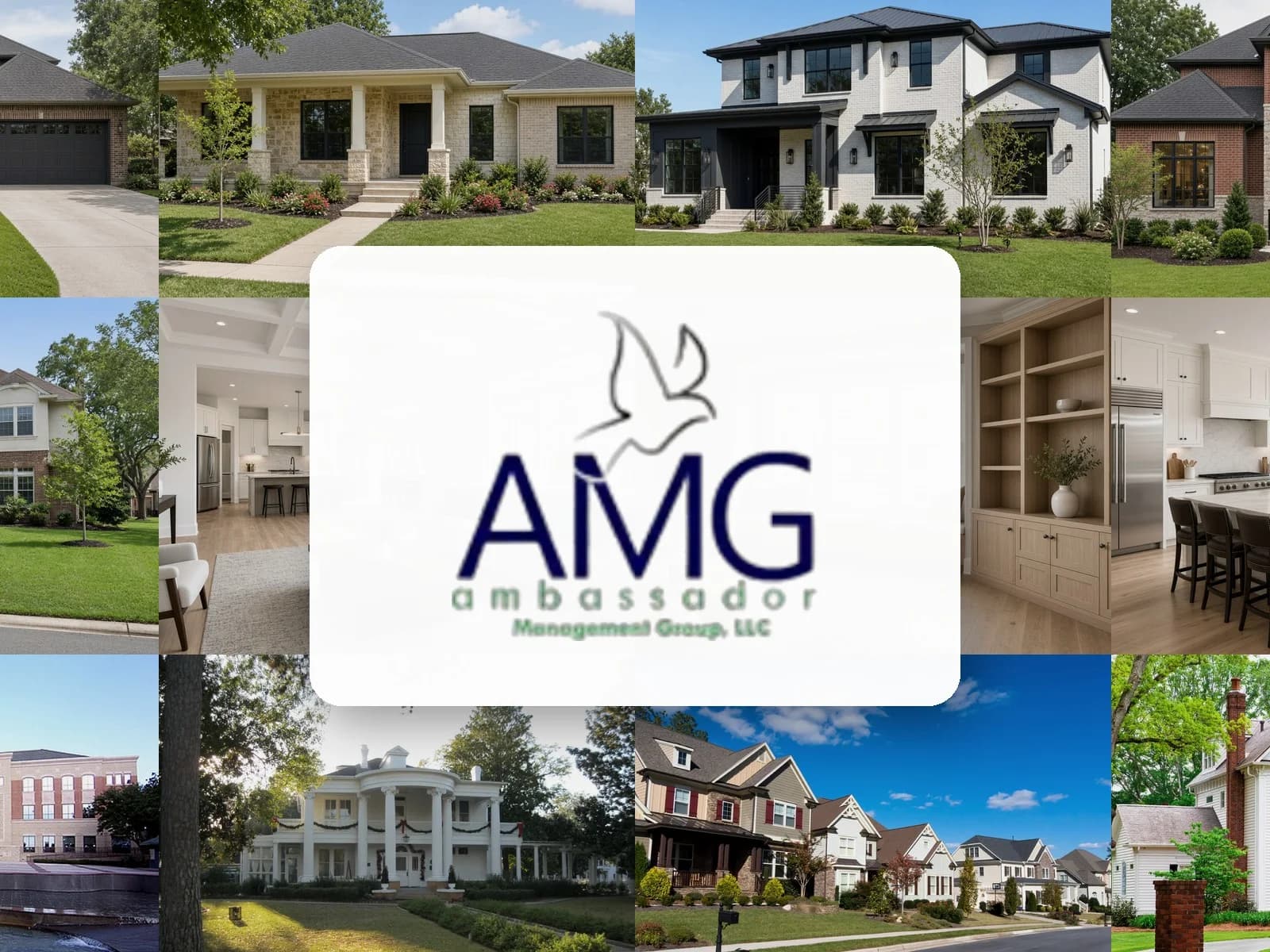 Ambassador Management Group logo over a collage of Greater Houston homes
